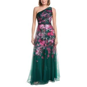 Rene Ruiz Womens One-Shoulder 3D Applique Floral A-Line Gown, Green